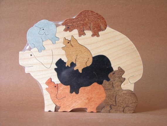 Pile of Pigs Hogs Piglets Farm Puzzle Wooden Toy Hand Cut with Scroll Saw