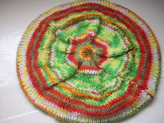 Fun zany beret   hand knit chilli pepper lime by SpinningStreak