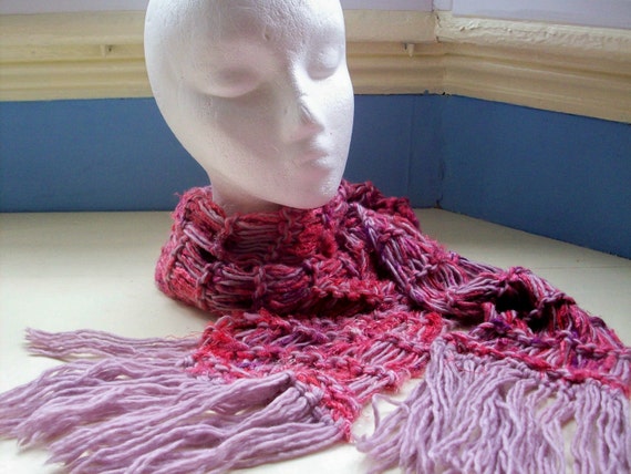 Silk sari scarf  pink recycled warm soft hand by SpinningStreak