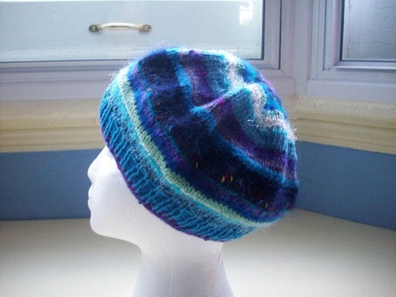 Zany beret child teen hand knit blue purple by SpinningStreak