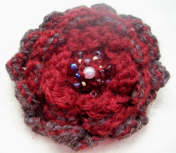 Beaded Corsage Flower Pin knit brown gray by SpinningStreak