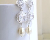 Wedding Jewelry Bridal Earrings Cushion Cut Cubic Zirconia CZ Halo Swarovski Pearl Dangle Stud Silver Earrings - Itzel EC2