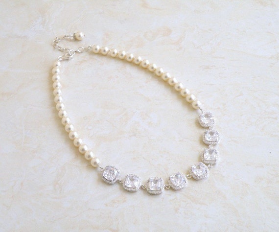 Wedding Jewelry Bridal Necklace Ivory Swarovski Pearl Cushion Square Cubic Zirconia Sterling Silver Brooch Necklace - Itzel NC2
