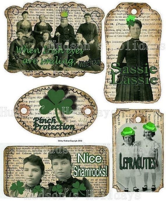 Shamrock ST. PATRICKS Day TAG - Label lucky irish vintage altered scrapbooking digital uprint primitive paper old