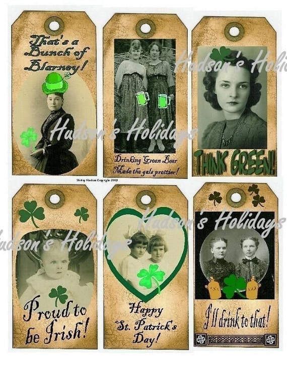 St. Patricks Day Tags - lucky irish vintage altered scrapbooking digital uprint primitive paper old