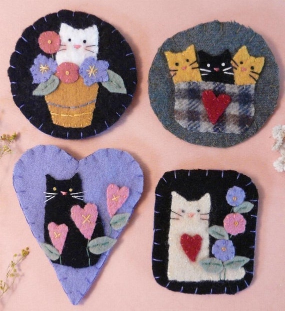 Cute Cats Wool Pins PDF Pattern - embroidery hand kitty brooch jewelry primitive flowers felt kittens