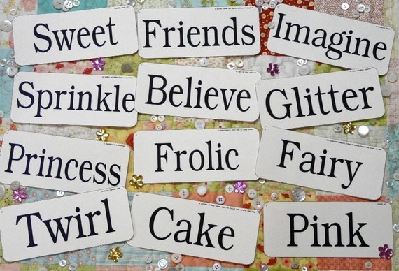 12 Large Girly Flash Cards PDF - vintage like altered art girl woman believe pink sweet signs words pretty digital uprint primitive