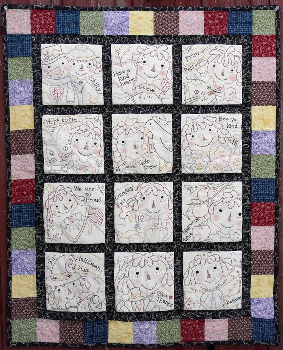 Raggedy ann gals quilt PDF pattern - 12 months seasonal stitcheries primitive embroidery anne doll cat bunny crow