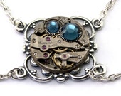 Steampunk Necklace - A Vintage Watch Movement Jewelry with Montana Blue Swarovski Crystals -  PROMPTLY SHIPPED Steampunk Jewelry