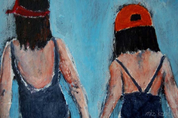 Original Acrylic Portrait Painting Two little girls, beach, baseball caps, bathing suits - Sand Pails 9x12 Original