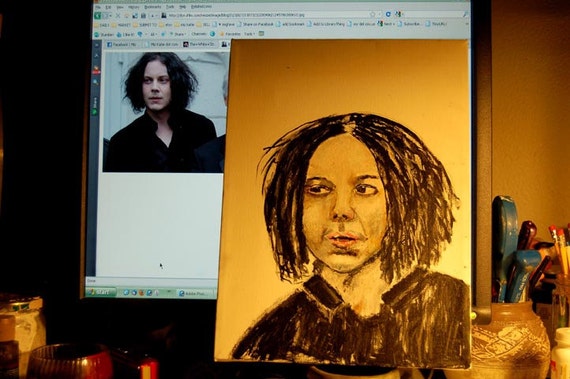 Original Acrylic Portrait Painting - Musician Jack White singer songwriter face orange The White Stripes The Dead Weather