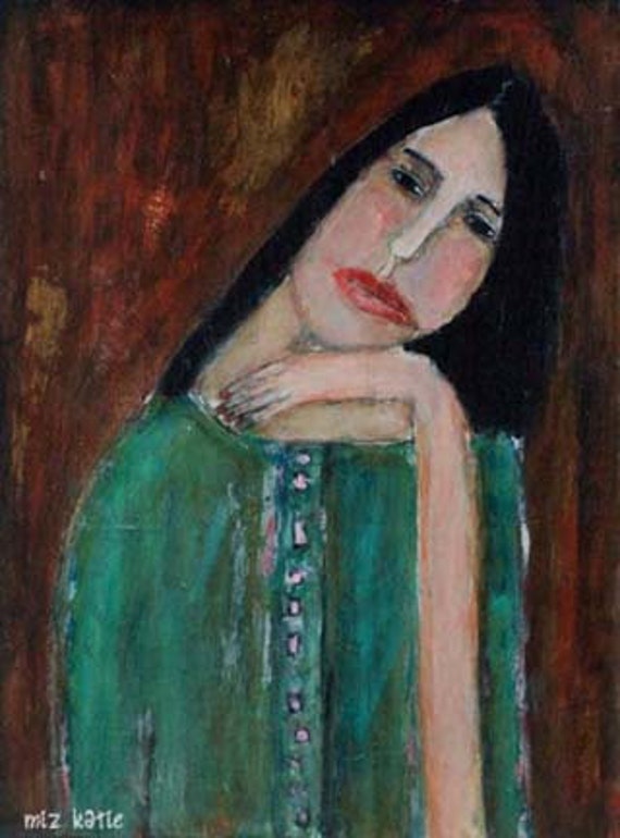 Acrylic Portrait Painting 9x12 wrapped canvas Original  - Lay Your Weary Head to Rest no 3 girl, sage green, hand, tired