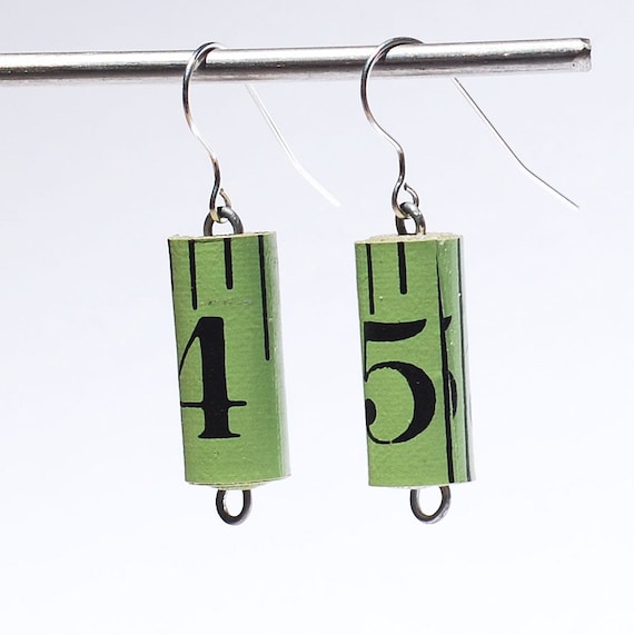 Tape Measure Earrings Upcycled Green Found Object by Tanith