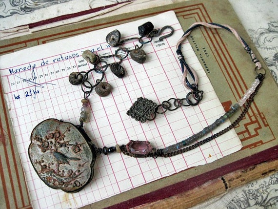 Sky All in Rags. Rustic Gypsy Vintage Assemblage Necklace.