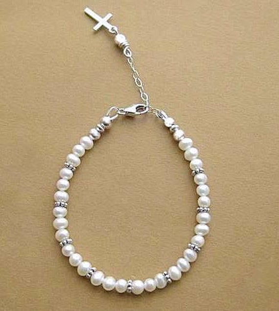 1st Communion Bracelet. White Pearls with Sterling Silver Cross or Moonstone. Young Bridesmaid or  Petite Bride