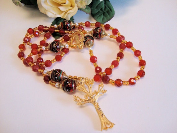 Red Catholic Rosary of Faceted Carnelian