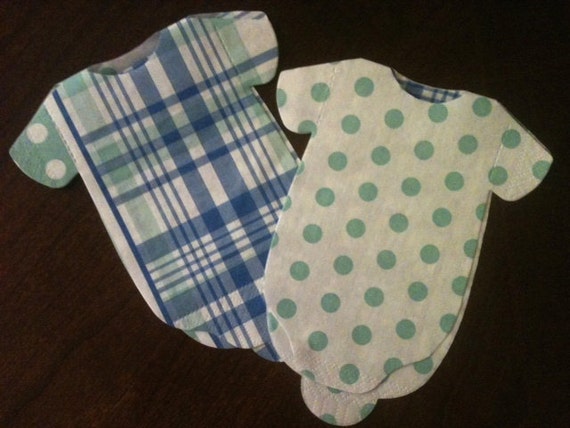 Set of 30 Baby Boy shower onesie napkins or banner in madras blues and greens and polka dots