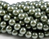 12mm Light Olive Green Glass Pearl Beads, Grade B - full strand 16 inch