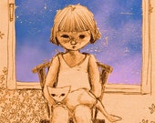 Cat and girl drawing print - "A while by the window"