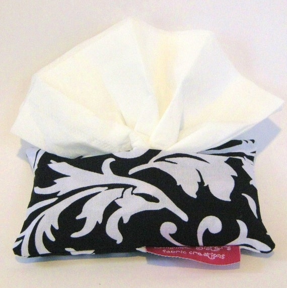 Tissue Pouch- Travel Tissue Case in Black and White Damask