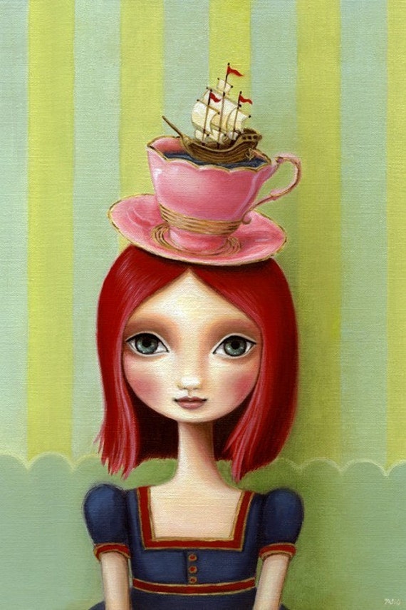 Nautical Art big eye girl with teacup poster ship pink hair tea time 13x19 LARGE print - Alice in Wonderland inspired art by Marisol Spoon
