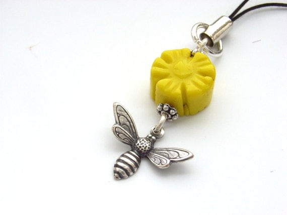 Phone charm yellow flower and bee by BlueForestJewellery on Etsy