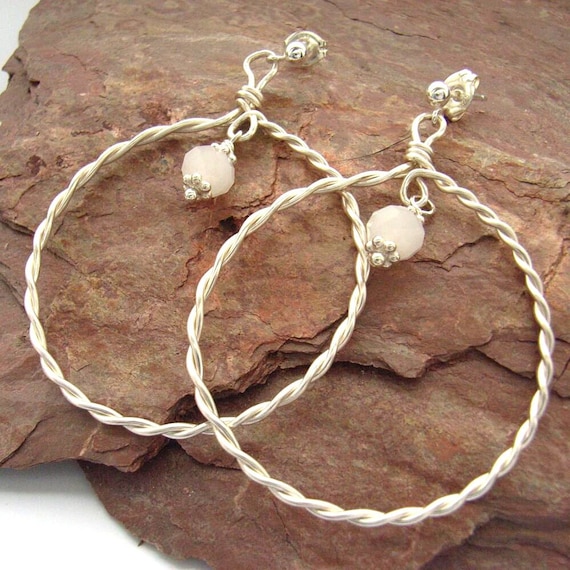 Hoop earrings silver twisted gemstone by BlueForestJewellery