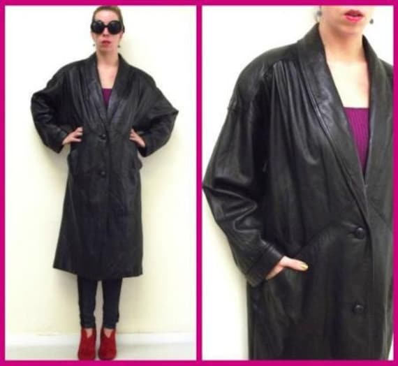 FREE US Shipping 80s Vintage Black Long Big Shoulder Leather Trench Coat Jacket sz Petite L