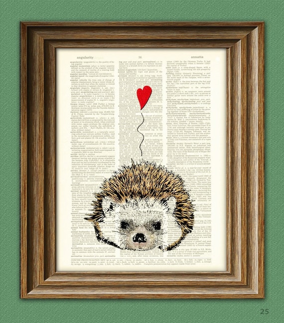 I Love You Valentine HEDGEHOG with heart print over an upcycled vintage dictionary page book art Buy 3 get 1 Free