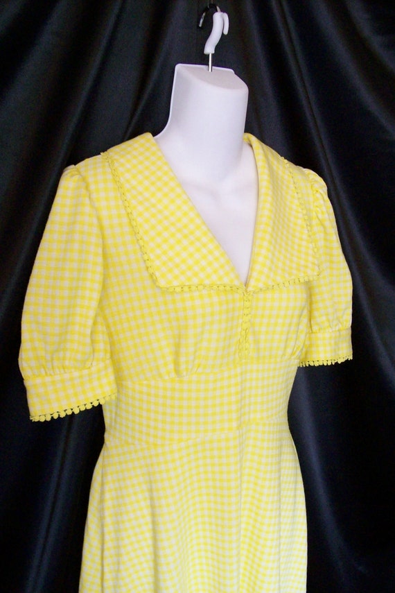 Vintage 1970's Handmade Yellow Gingham Empire Maxi Puffy Sleeve Dress