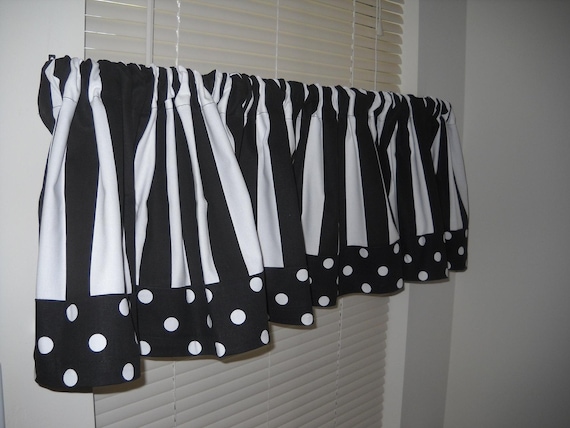 Black and White Stripe Valance Curtain with Polka Dot Trim One Valance