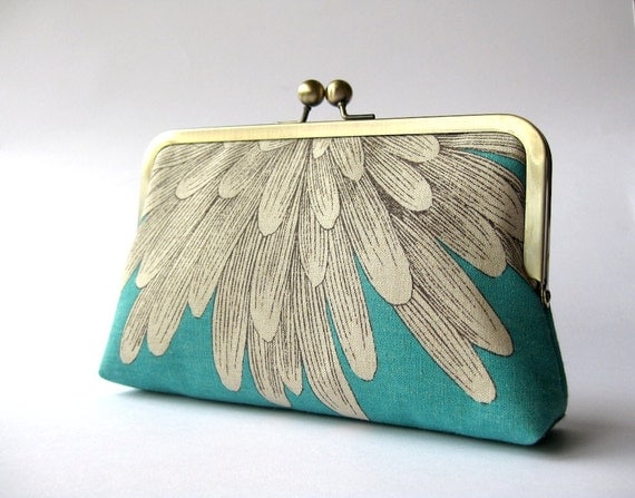 Chrysanthemum  silk lined aqua floral clutch, Bag Noir, Bridesmaid clutch, Weddings bride formal clutch purse