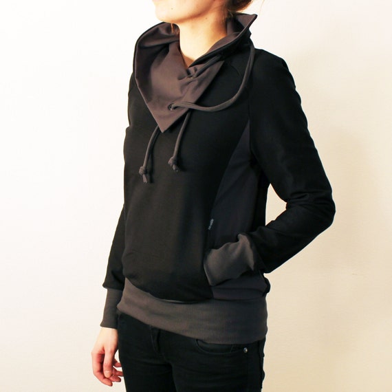 Womens Black Sweatshirt With Cowl Neck and Gray Details