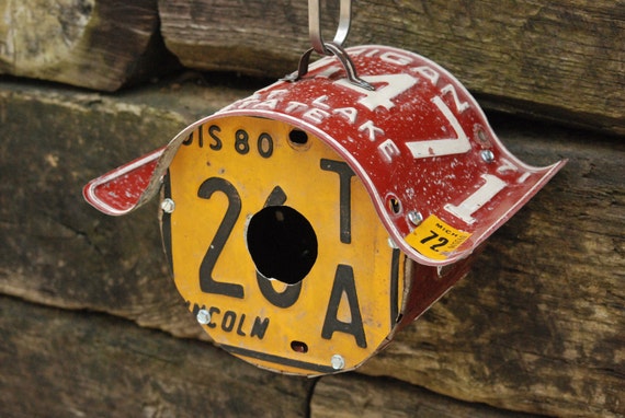 Flying Donut Round License Plate Recycled Birdhouse by StressTheSeams