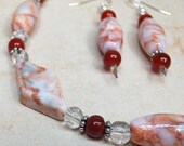 Natural Redline Marble necklace and earrings set with burnt orange veining accented by Carnelian Agate stones