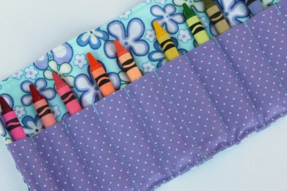 Girl's Crayon Roll Up with Velcro or Ribbon Closure (You Choose) - Baby Blue and Purple Flowers