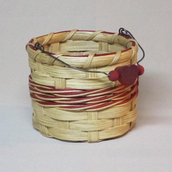 Little Bucket Basket with Wire Handle, Red Accents, Hand Woven with Wood and Wire Swing Handle