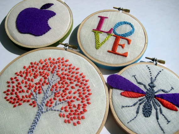 Embroidery Hoop Art - Tree, LOVE, Apple, Wasp (four pieces) hand embroidered