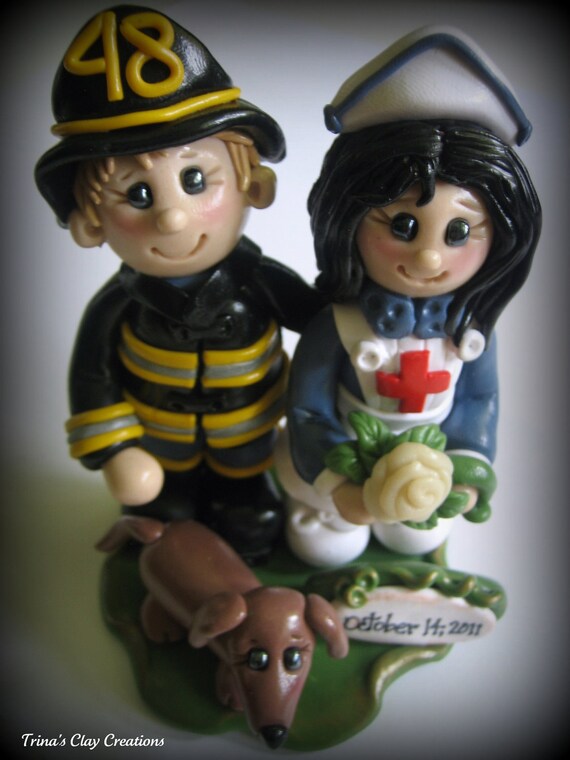 Wedding Cake Topper, Nurse and Fireman with Pet, Custom Polymer Clay Wedding or Anniversary Keepsake, Personalized