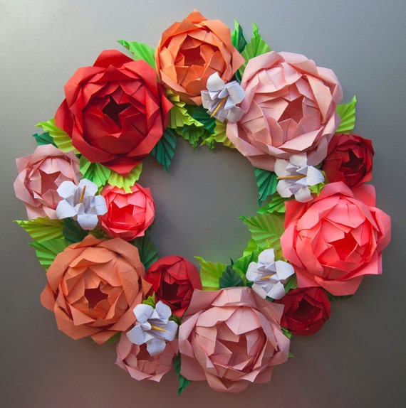 Pink Rose Origami Paper Wreath