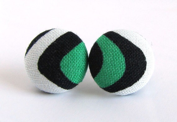 Dark green white black button earrings studs fabric by KooKooCraft
