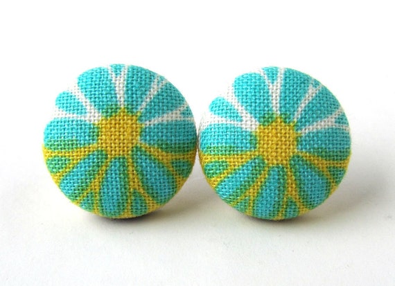 Stud earrings button turquoise blue yellow white by KooKooCraft