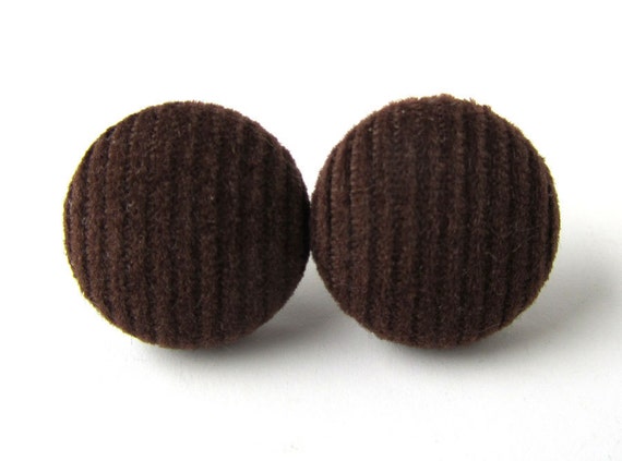 Dark brown stud earrings button chocolate stripes by KooKooCraft