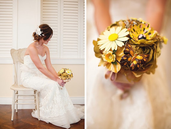Custom Medium Bridal Bouquet - Romantic Silk Flowers & Enamel Brooches - Made to Order