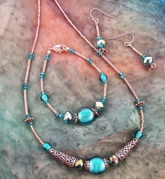 Vintage Honeymoon in Egypt - Aqua Blue Glass & Copper 3 Piece Necklace Set