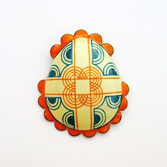 Enamel Brooch - Pysanky Egg Jewellery - Pumpkin Orange