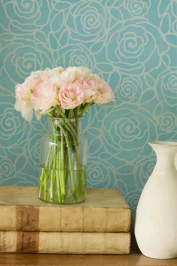 Flower Wall Stencil Rockin Roses Floral Damask Stencil for Custom Modern Wallpaper Effect Includes FREE Ceiling Stencil