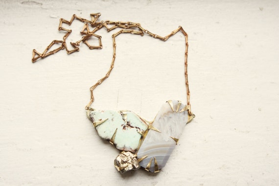 Grey Agate, Freeform Chrysoprase, & Pyrite Necklace