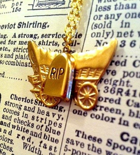 SALE - You Have Died of Dysentery - Gold Wagon and Tombstone Oregon Trail Charm Necklace