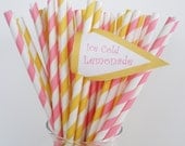 50 PAPER STRAWS......"Lemonade" Yellow Stripe and Pink Stripe Paper Straws......Drinking Straws....Cake Pop Sticks... Retro, Vintage